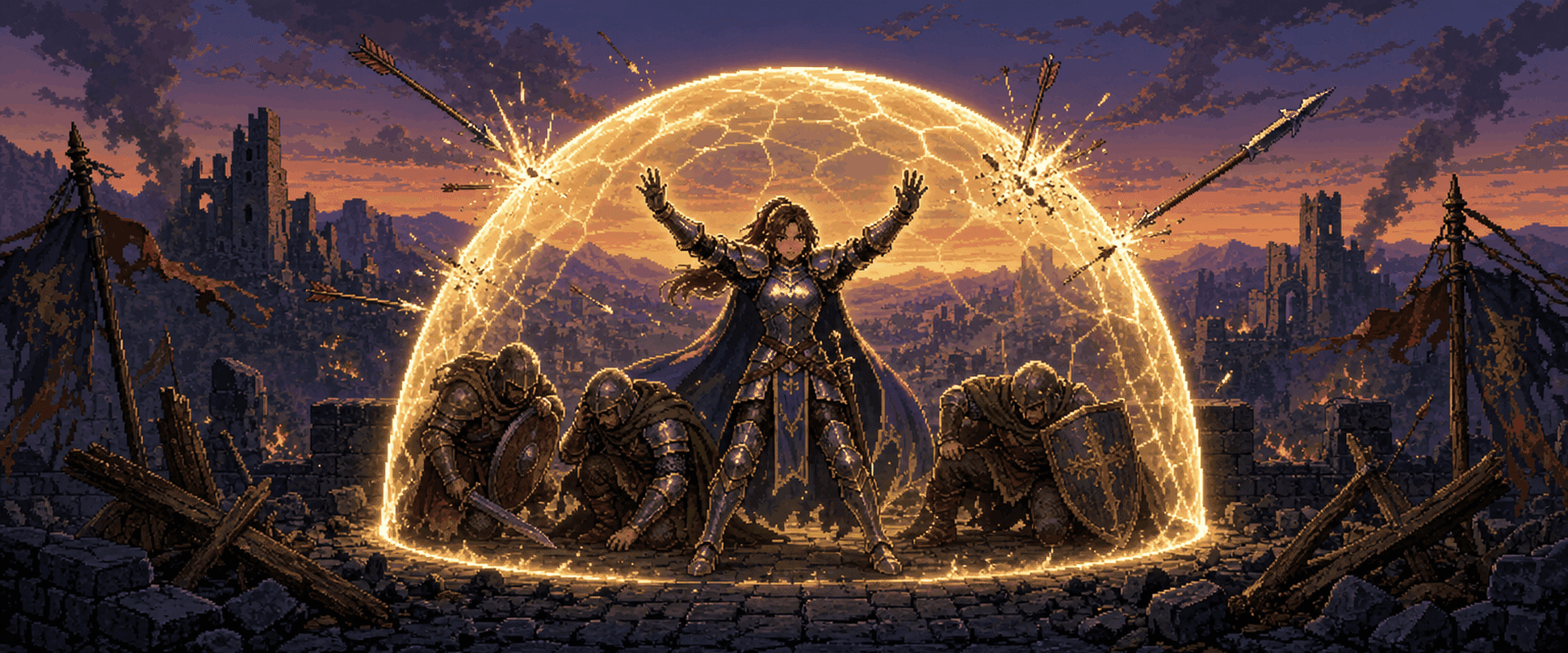 An armoured knight raising a glowing golden shield dome over crouching soldiers on a ruined rampart, arrows shattering against the barrier