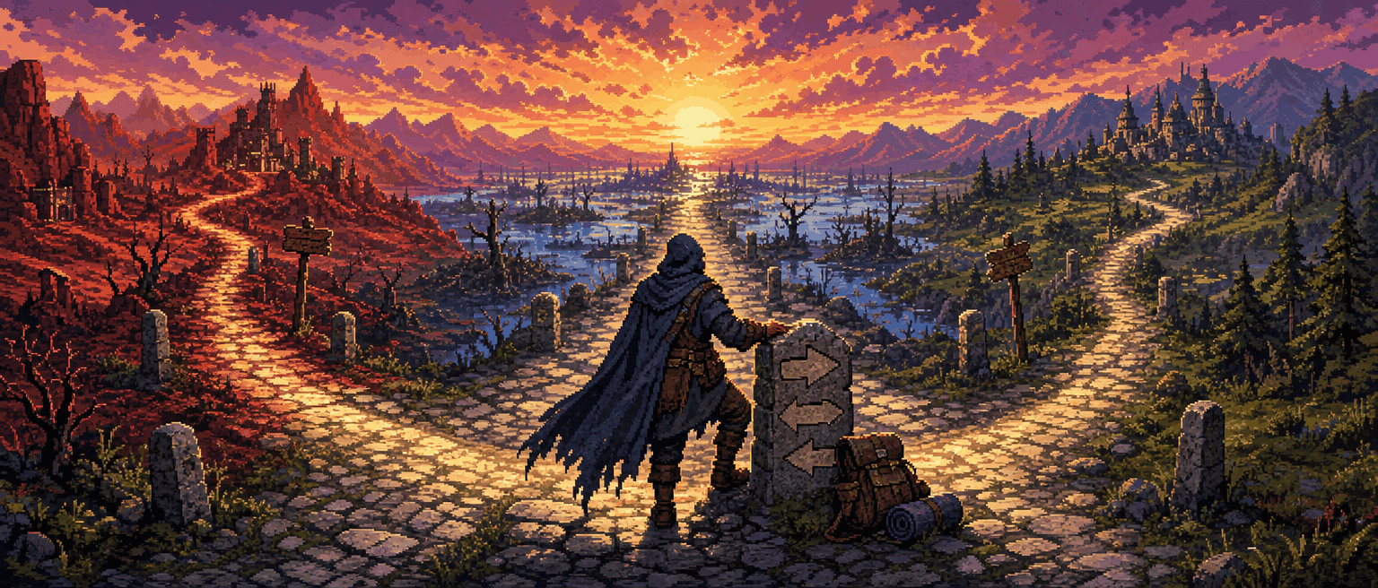 A hooded traveller at a stone crossroads at sunset, one hand on a waymarker carved with three arrows, three cobbled roads running off toward a red canyon, a flooded marsh and a forested valley