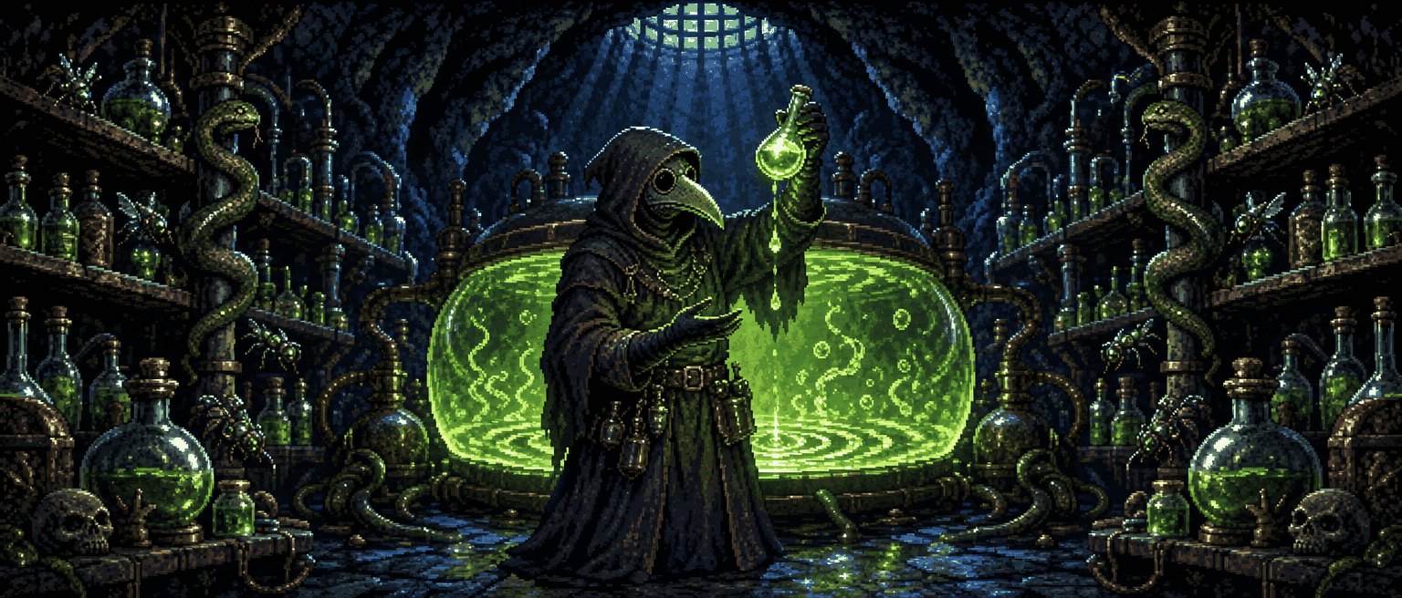 A hooded plague alchemist in a beaked mask holding up a glowing green vial in an underground laboratory, a drop falling back into a huge vat of luminous green poison, shelves of bottled poisons, coiled snakes and chrome insects on both sides under cold moonlight from a high grate