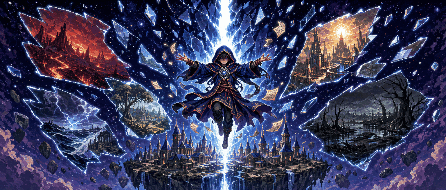 A hooded mind-mage hovering with arms flung wide as the sky cracks into floating shards, each showing a different world