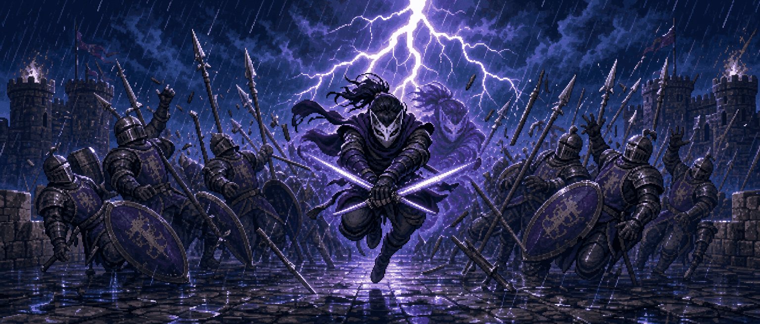 A masked duelist with two glowing blades leaping through a wall of spears and shields on a rain-soaked castle rampart at night, lightning splitting the sky above and a ghostly afterimage trailing behind