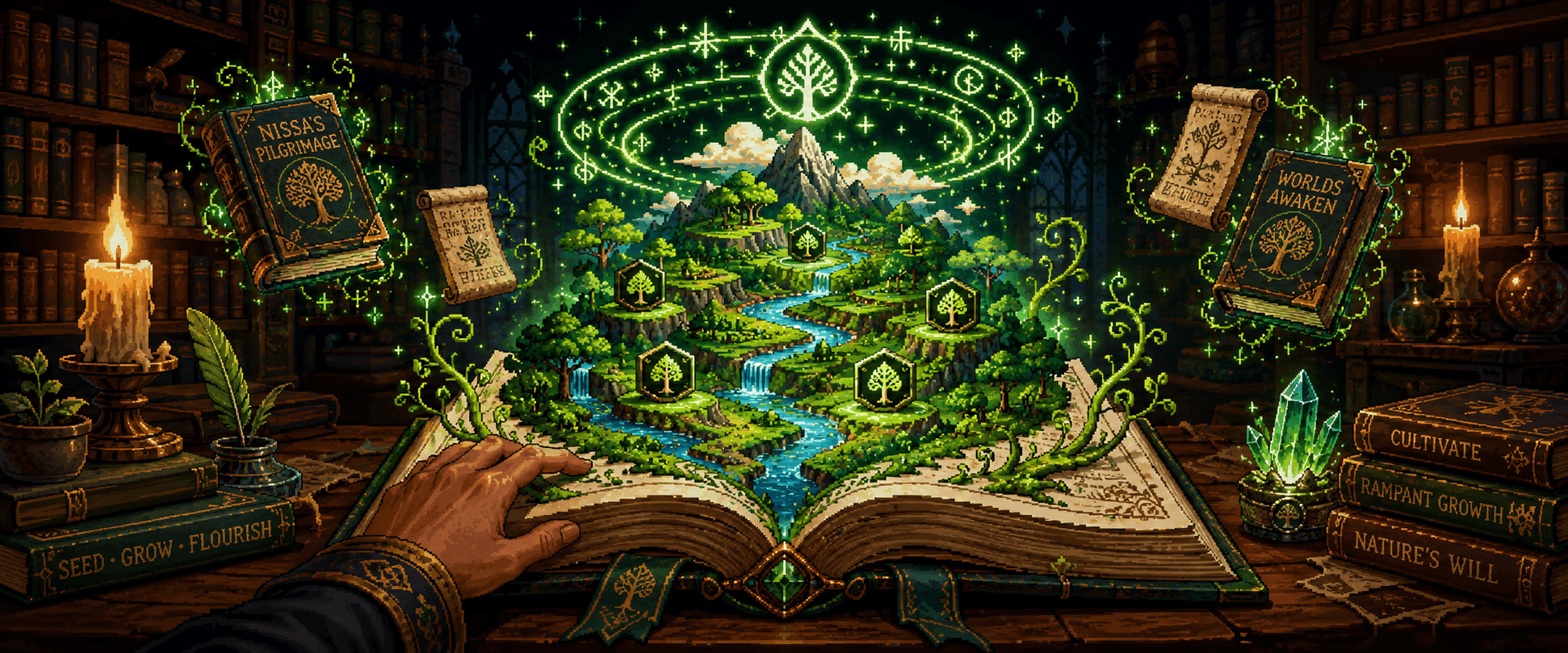 A central open spellbook from which a verdant pixel-art landscape erupts