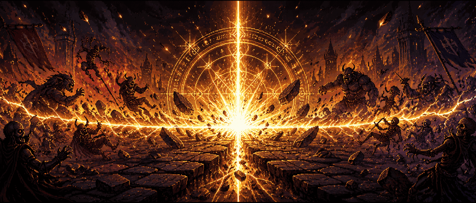 A stone battlefield split by a devastating magical shockwave