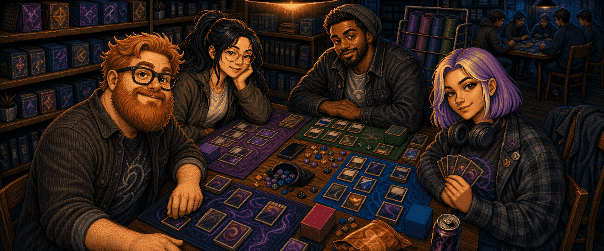 Four Commander players around a game shop table at night, cards and dice spread between them.