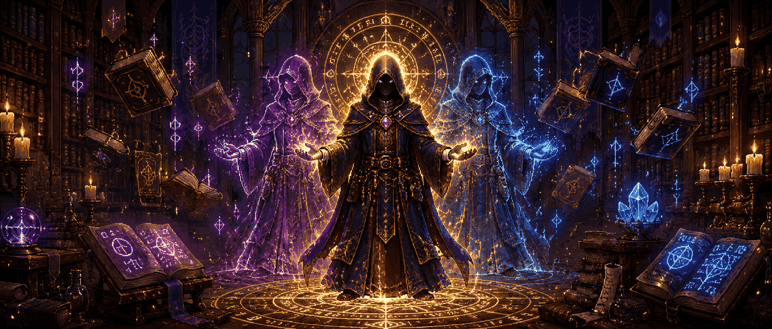 A single robed figure rendered as three overlapping translucent silhouettes