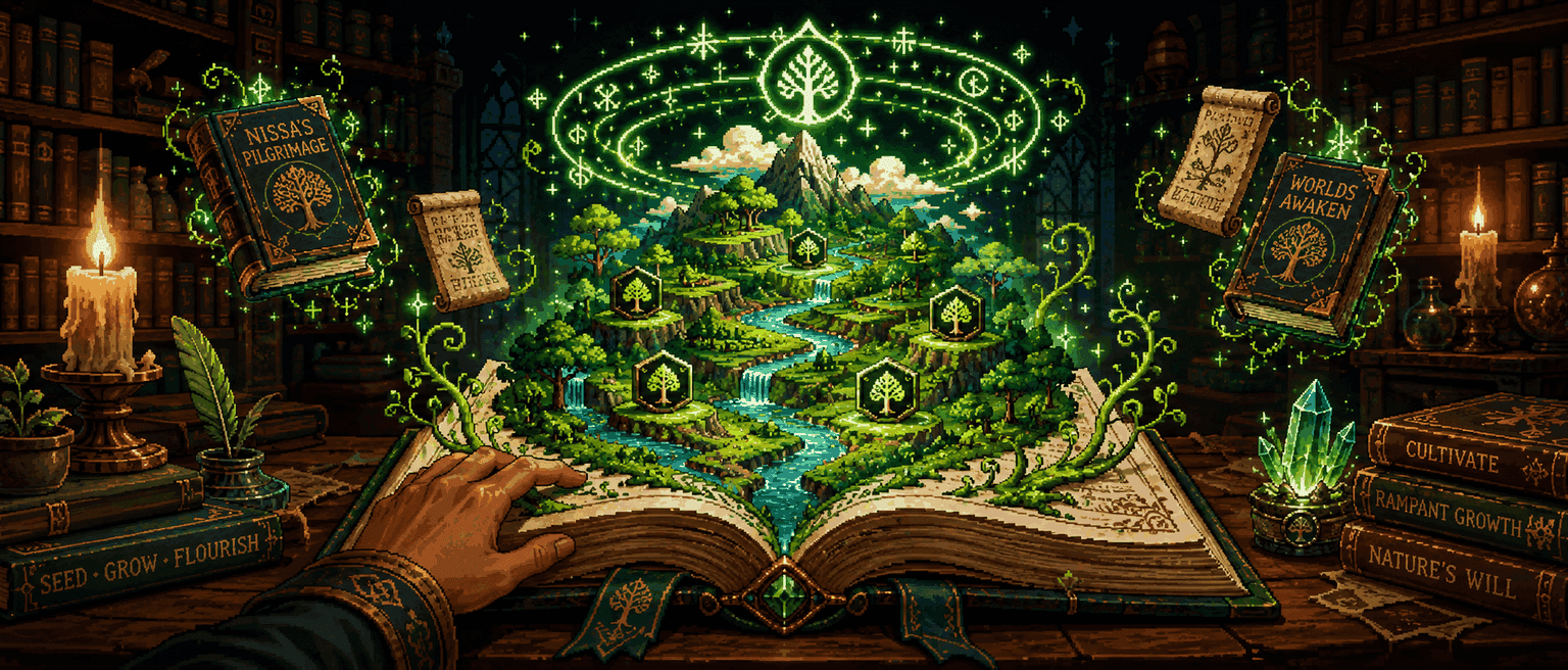 A central open spellbook from which a verdant pixel-art landscape erupts