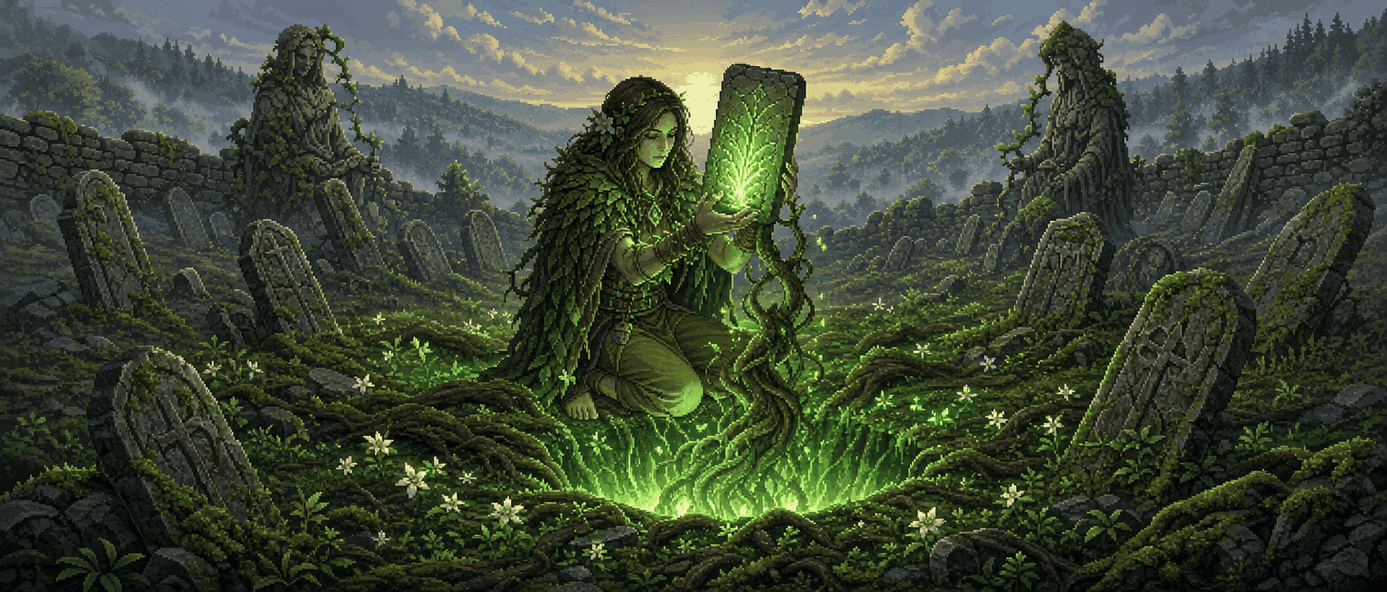 A druid kneeling at an opened grave in an overgrown hillside cemetery, lifting a glowing stone tablet out of a cradle of living roots at first light