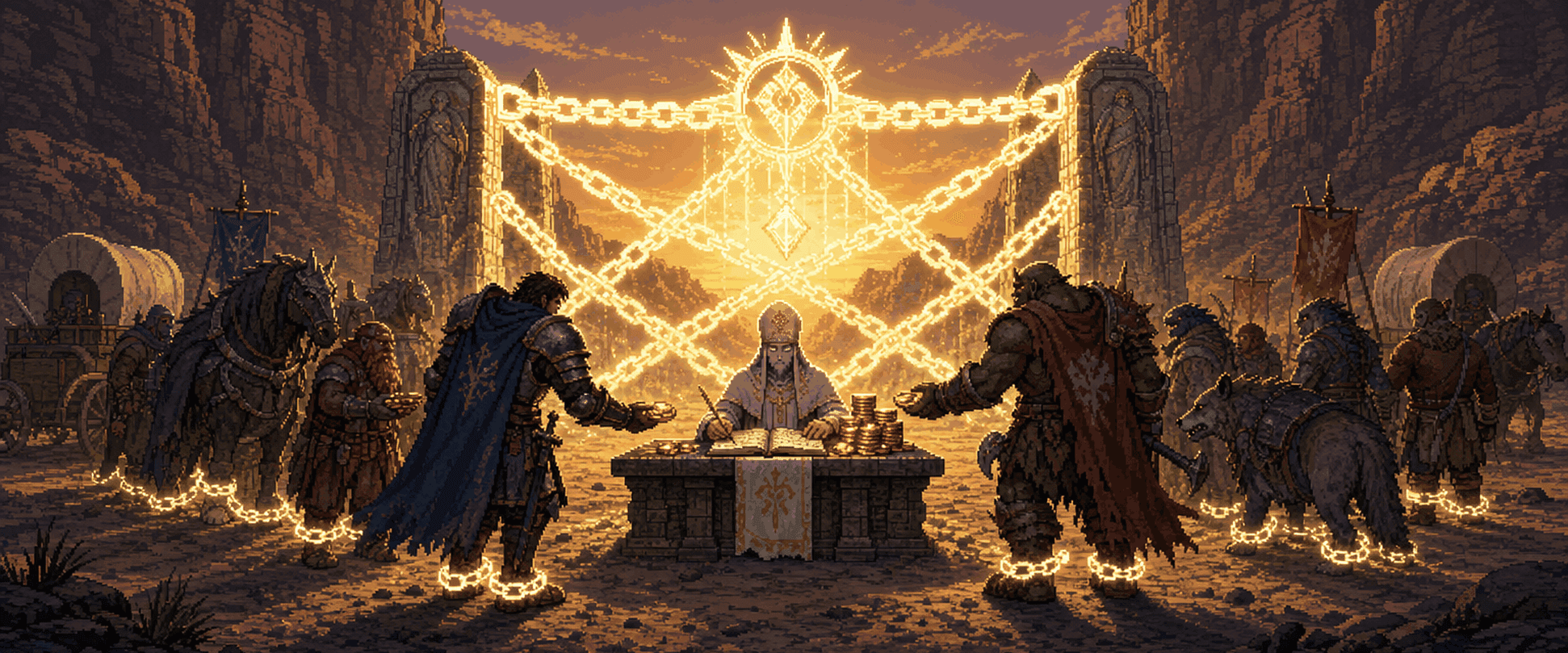 A cleric tax collector at a stone desk beneath a spectral gate of white chains, warriors and wagons queued on both sides of a canyon road handing over coins