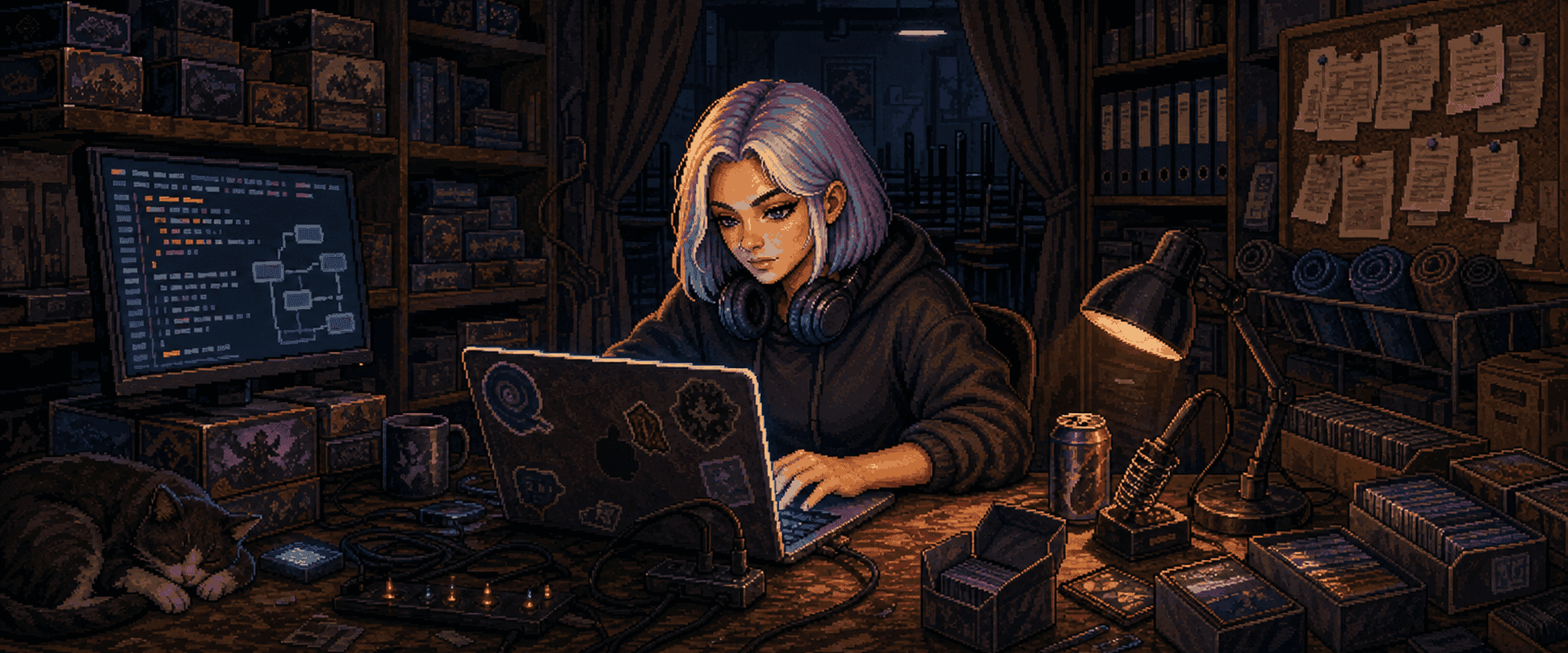 A glowing anvil striking sparks of red and blue energy around a hammer and a fan of magic cards.