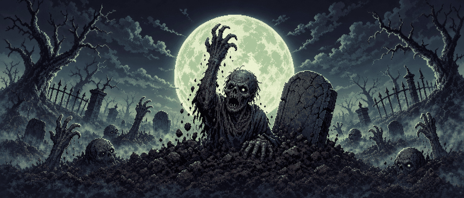 A zombie clawing its way out of a fresh grave beneath a huge pale full moon, more hands and heads breaking the soil across a fog-bound graveyard