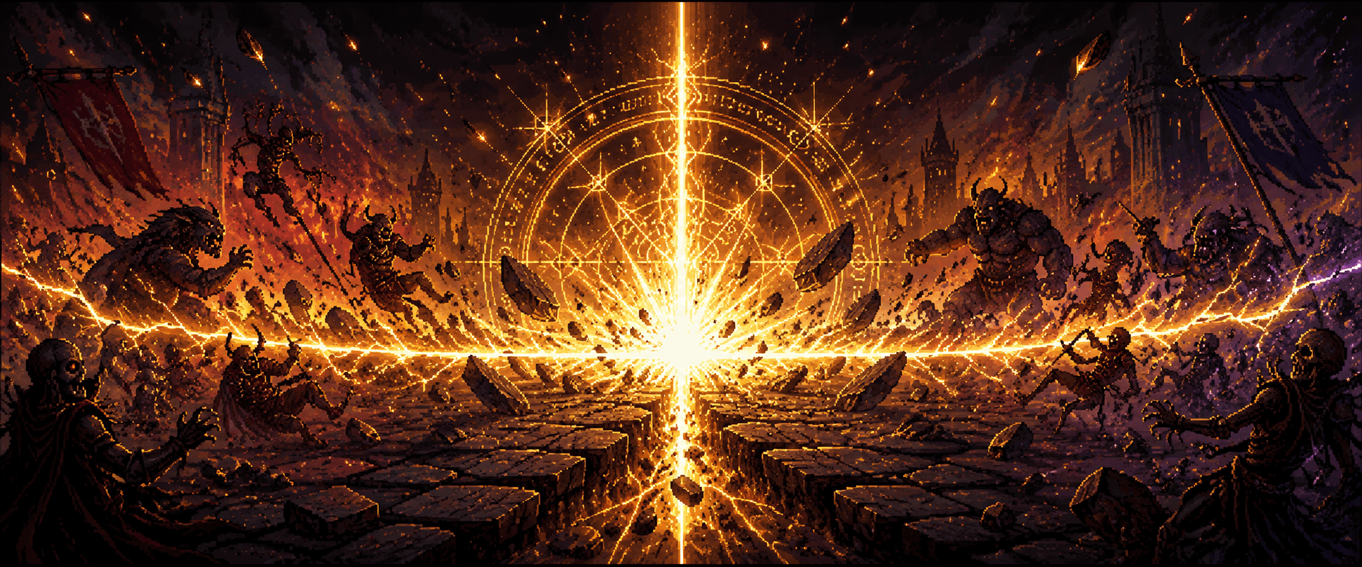 A stone battlefield split by a devastating magical shockwave
