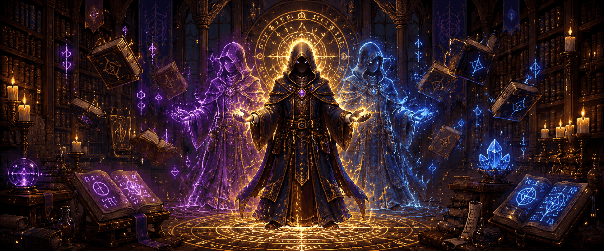 A single robed figure rendered as three overlapping translucent silhouettes
