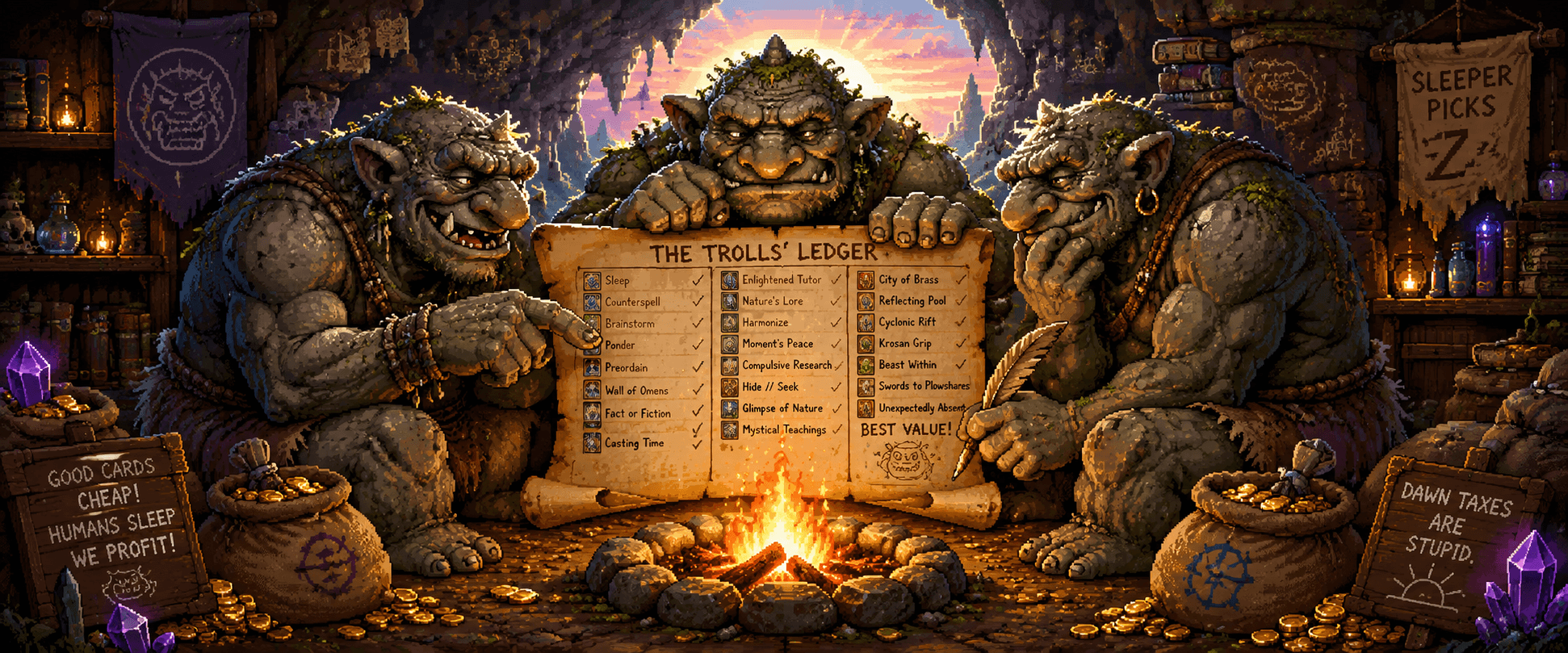 The trolls' ledger. Three hulking stone-trolls hunched around a small campfire