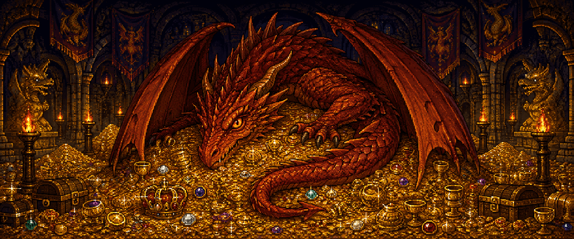Smaug curled atop an enormous mountain of gold coins and gemmed cups