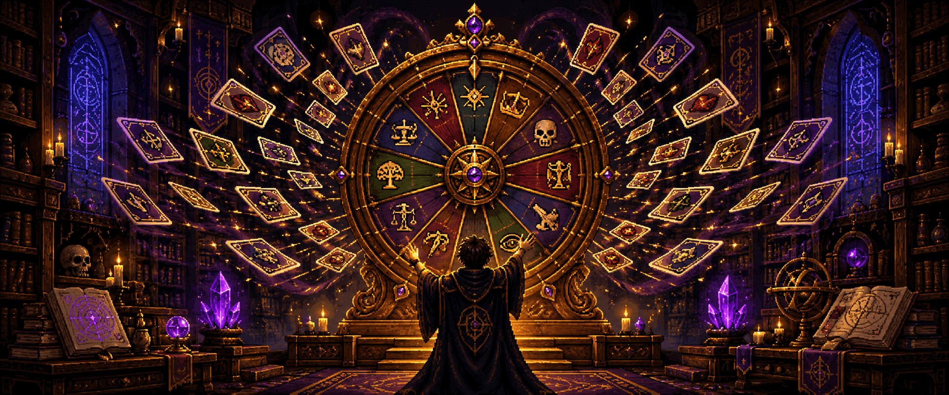 A wheel of fortune spinning above a scholar's desk, cards scattering outward